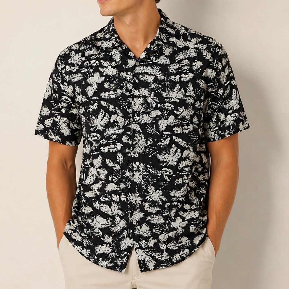 Chaps XXL Hawaiian Shirt Black White Tropical Palm Tree Camp Button Up Cotton